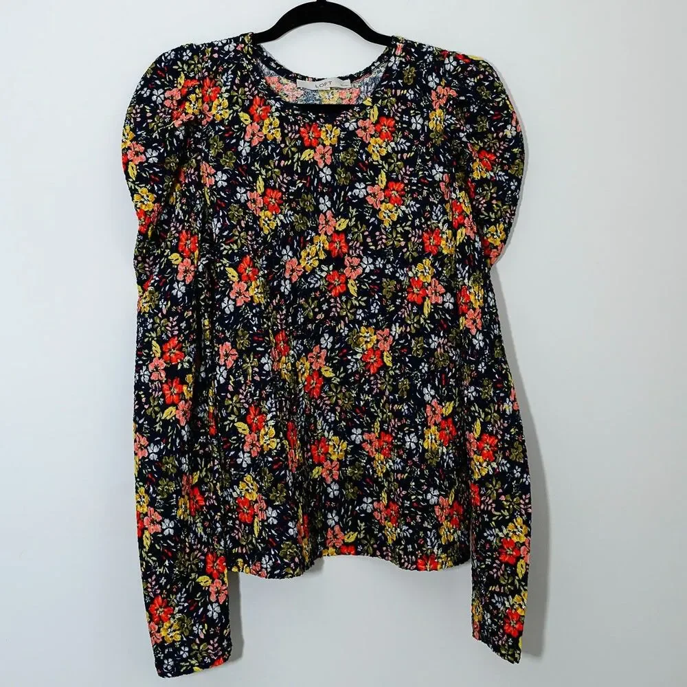 LOFT Petites Dark Floral Blouse puff long sleeves gauzy Cottage Boho Fairy MP - Picture 1 of 5